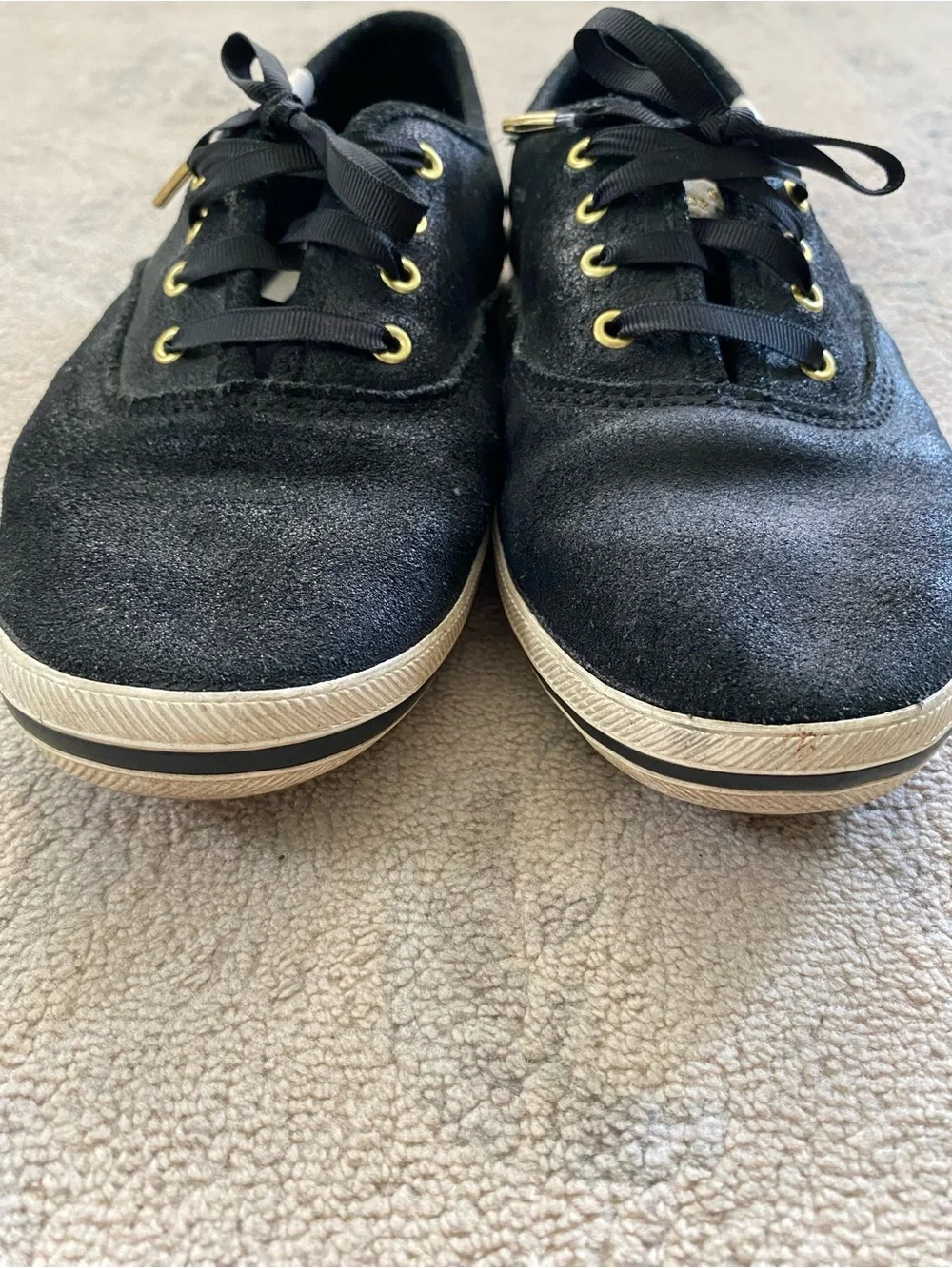 Kate Spade Keds Sneakers Coated Black Gold Hardware 7.5 Metallic Shiny Shimmer